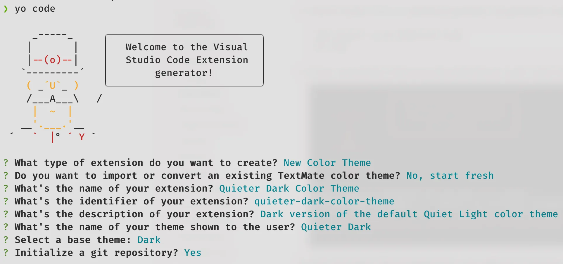 my answers for the yo code wizard