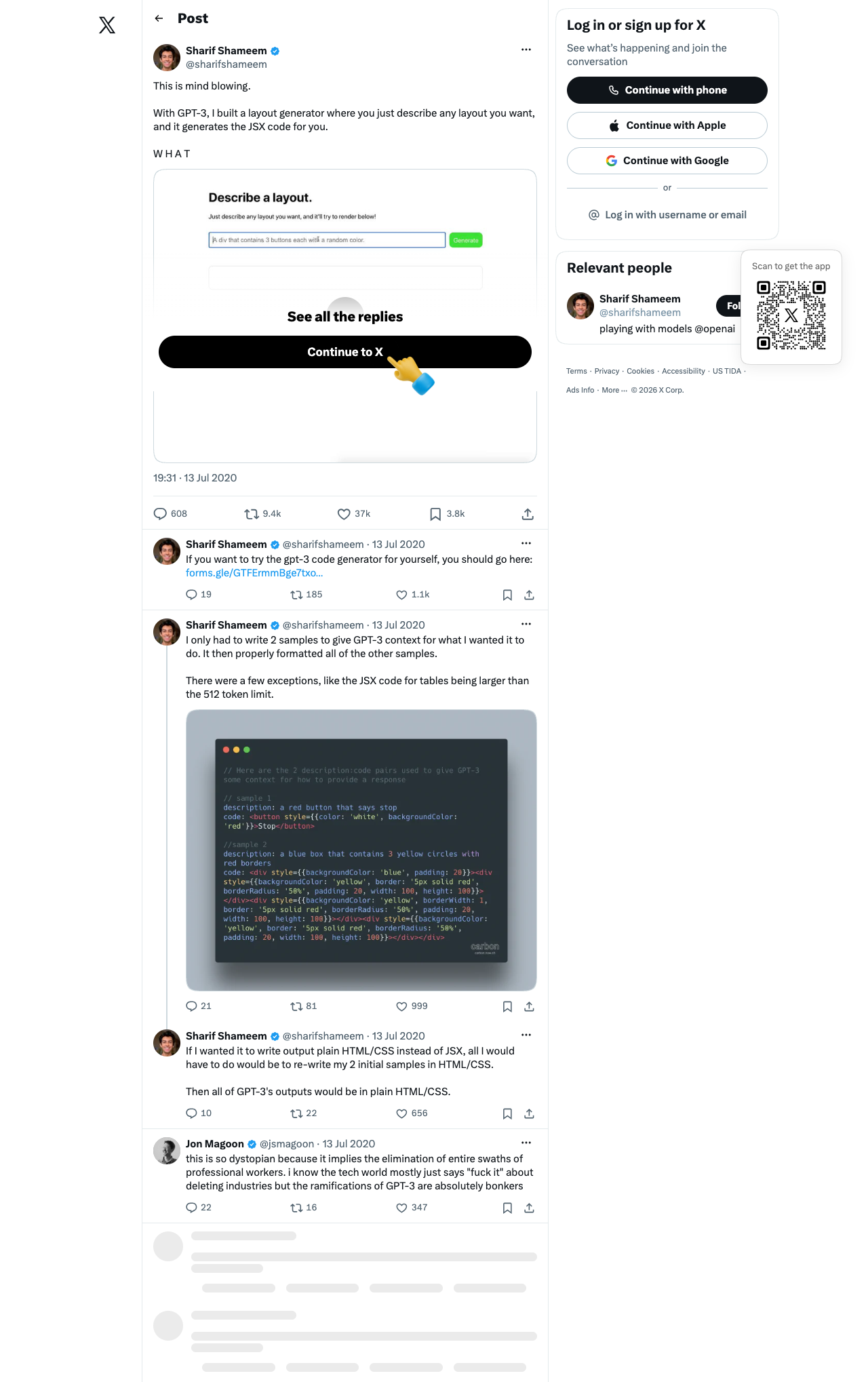 Sharif Shameem GPT-3 JSX Tweet (July 2020)